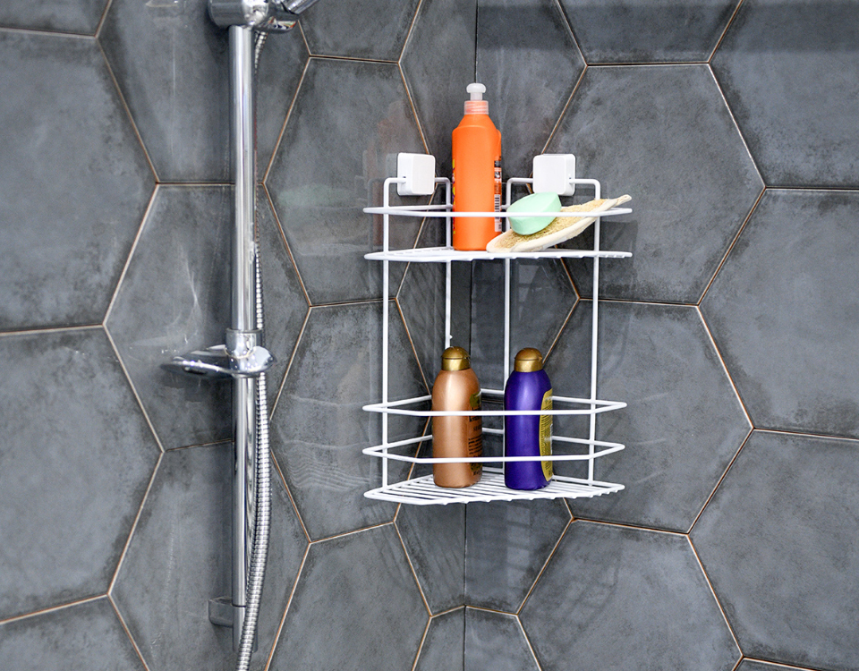 Two Tier Bathroom Corner Shelf Square White PE Coating